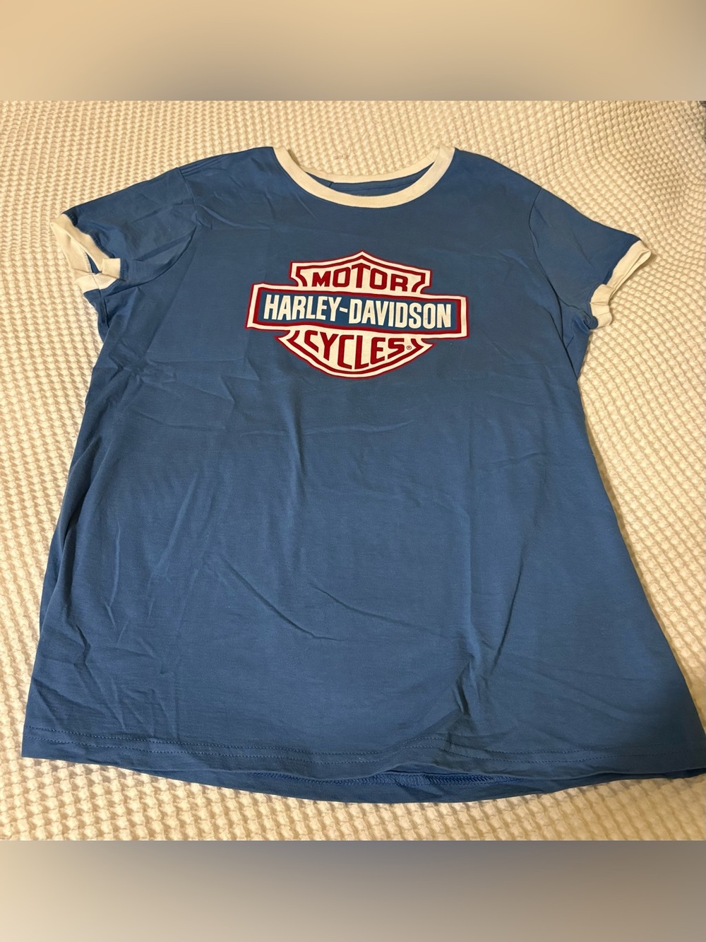Harley-Davidson Blue Tee with White Trim and Red Logo